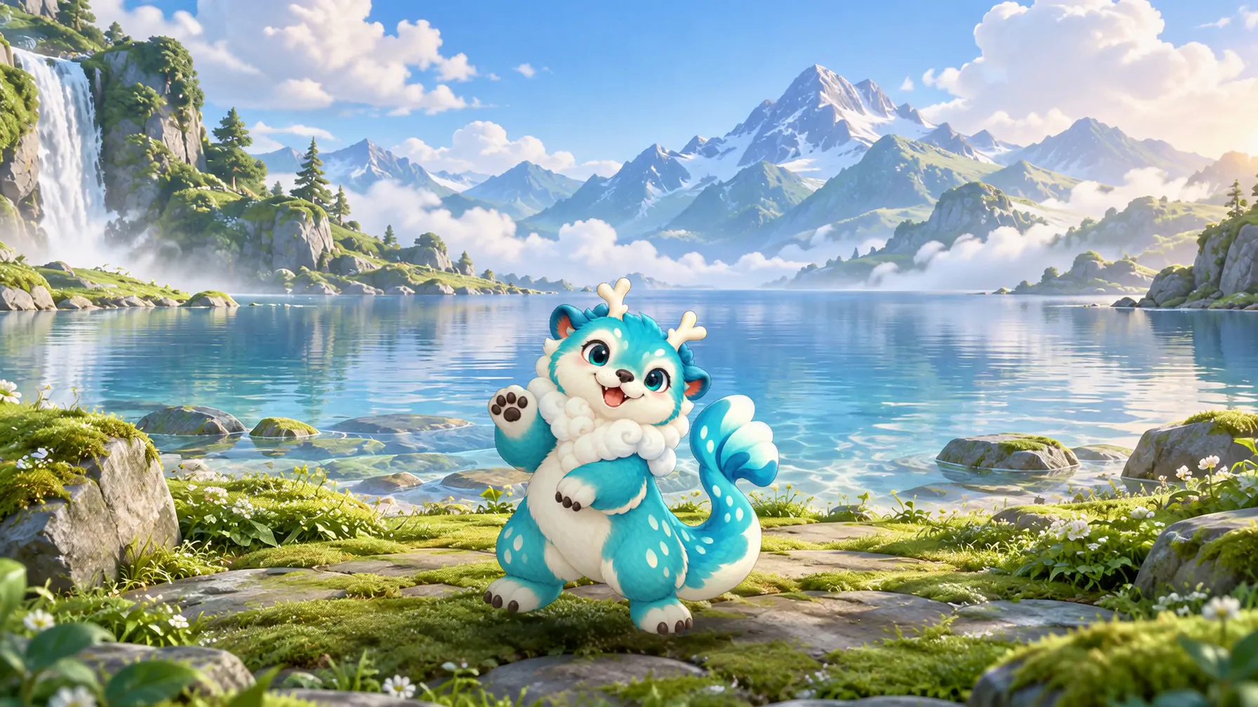 水蓝色幻想水獭角色,置身明亮的水岸与山野之间。