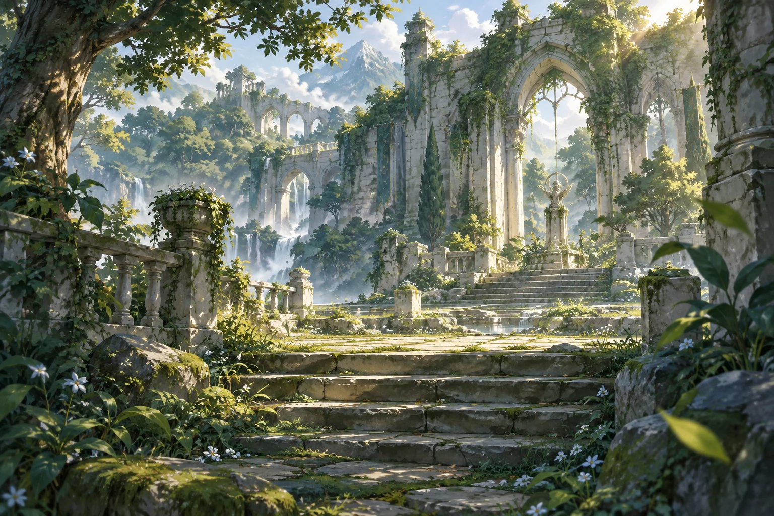 幻想林间庭院与石阶遗迹的完整横向构图,植被和光线层次丰富