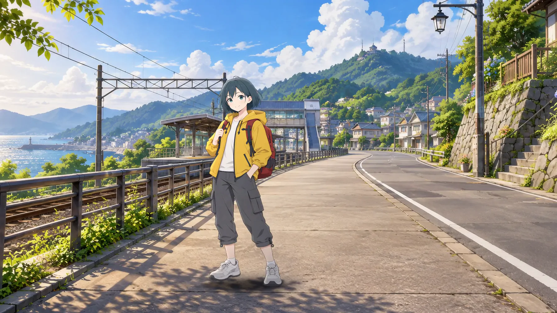 明亮山间道路上的旅行少女,完整人物与身后的乡野风景。